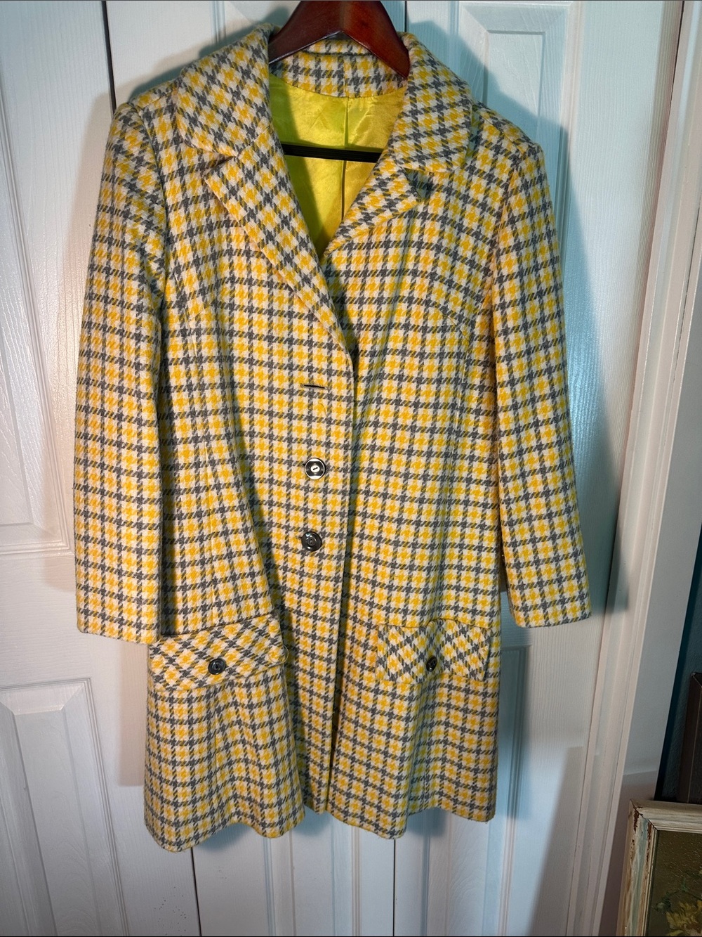 Vintage-Inspired Yellow Houndstooth Wool Blend Coat